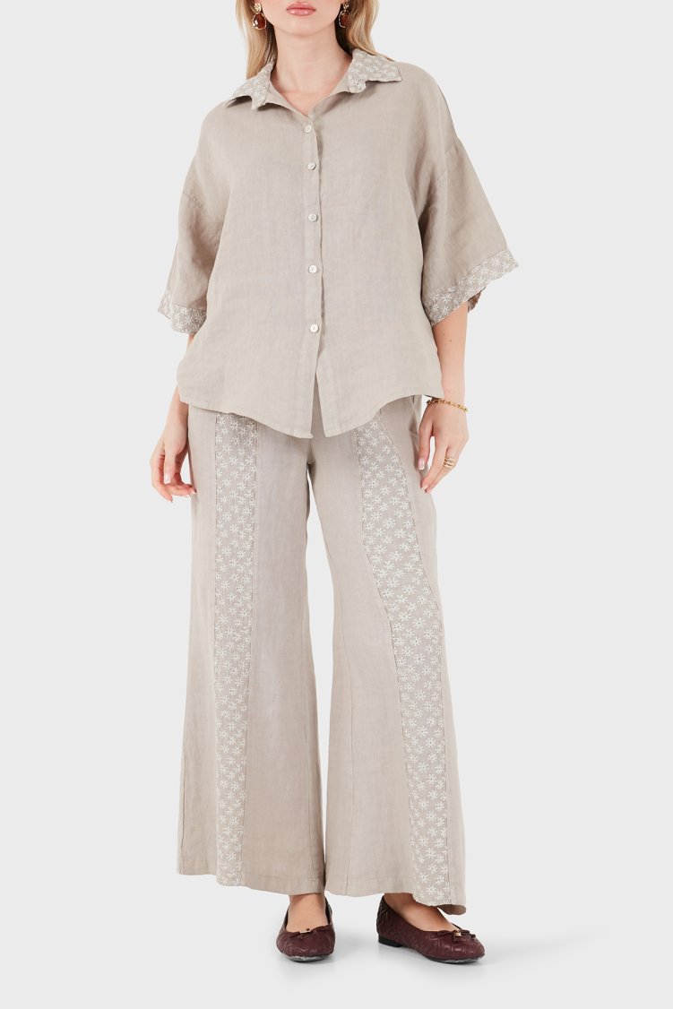 Via Dante % 100 Keten Relaxed Fit Brode İşlemeli Kadın Pantolon 69912211 VİZON - Via Dante (1)