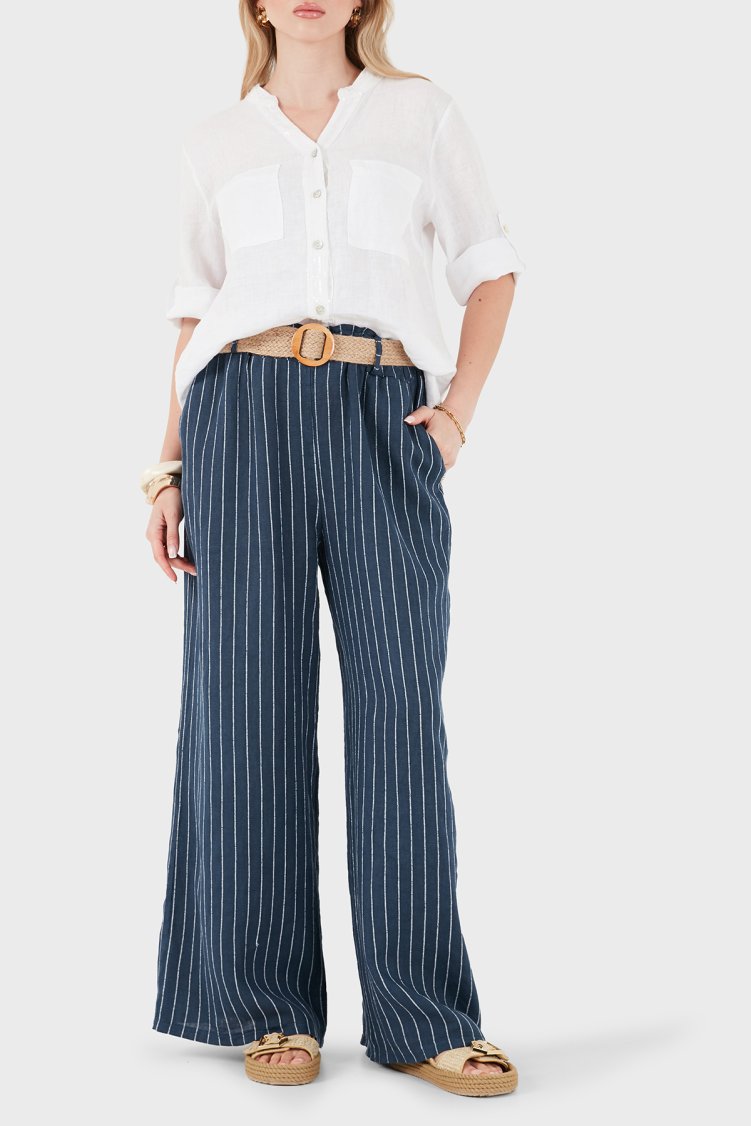 Via Dante Çizgili Relaxed Fit Yüksek Bel Bol Paça Keten Kadın Pantolon 5056RN LACİVERT - Via Dante