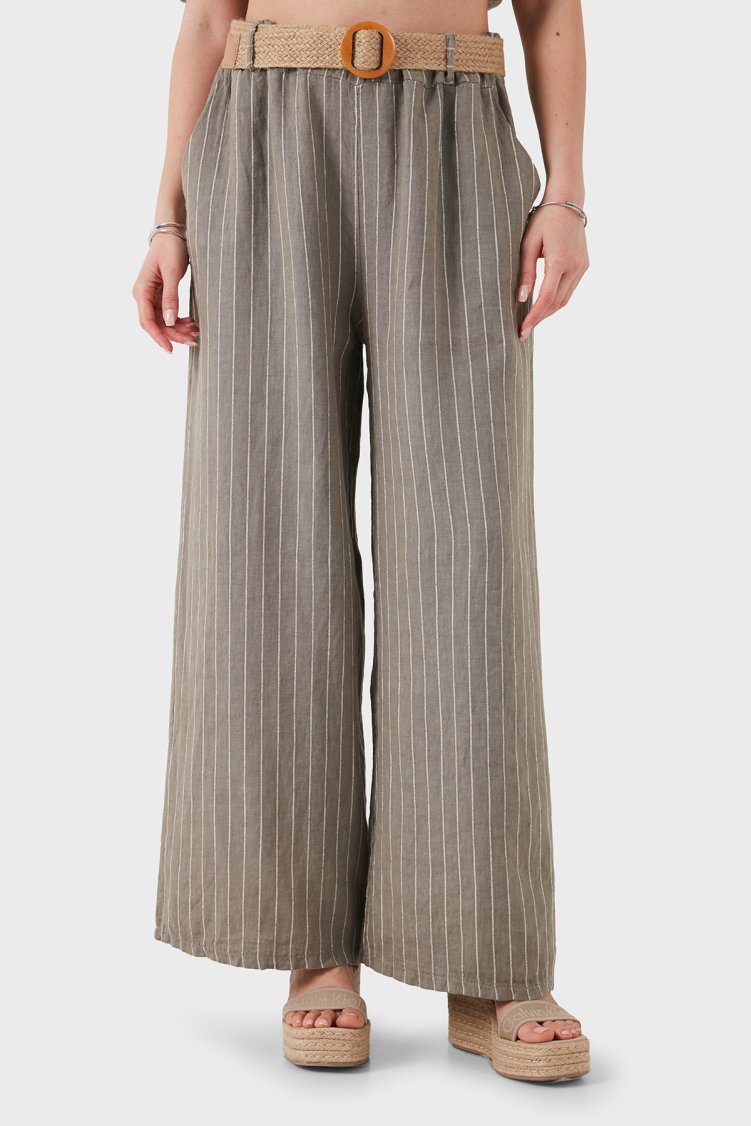 Via Dante Çizgili Relaxed Fit Yüksek Bel Bol Paça Keten Kadın Pantolon 5056RN TOPRAK - Via Dante (1)
