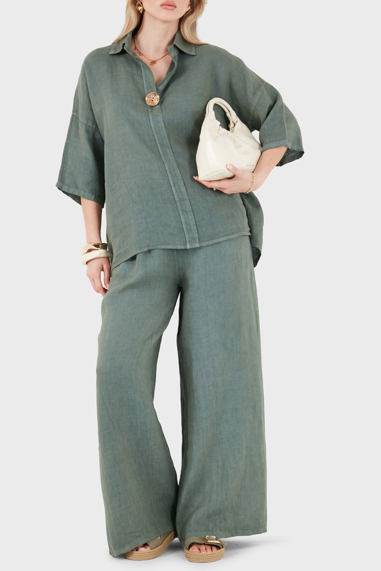 Via Dante Düğme Detaylı Klasik Yaka Keten Kadın Bluz 6617543 HAKİ - Via Dante (1)