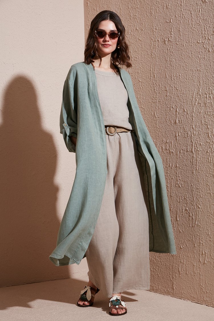 Via Dante Oversize Arkası Dantel Detaylı Uzun Keten Kadın Kimono 7183544 HAKİ - Via Dante (1)