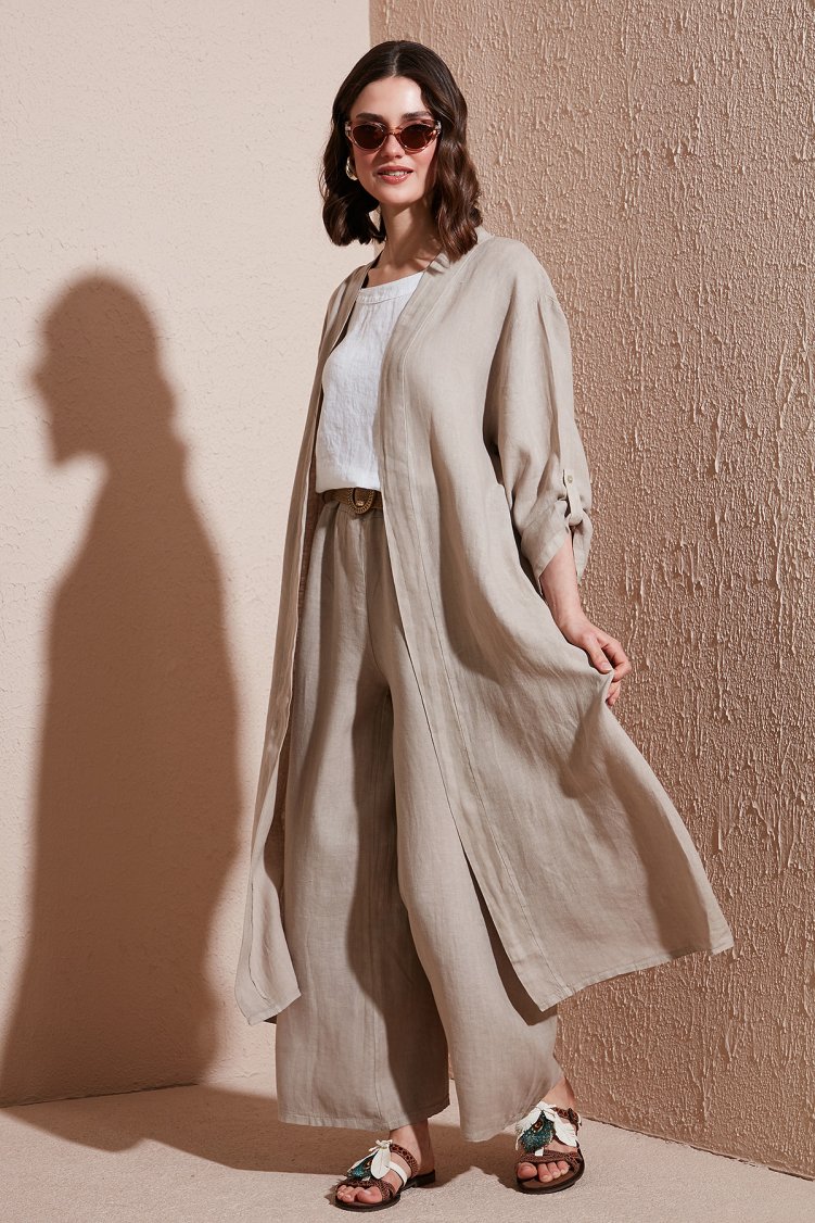 Via Dante Oversize Arkası Dantel Detaylı Uzun Keten Kadın Kimono 7183687 TAŞ - Via Dante (1)