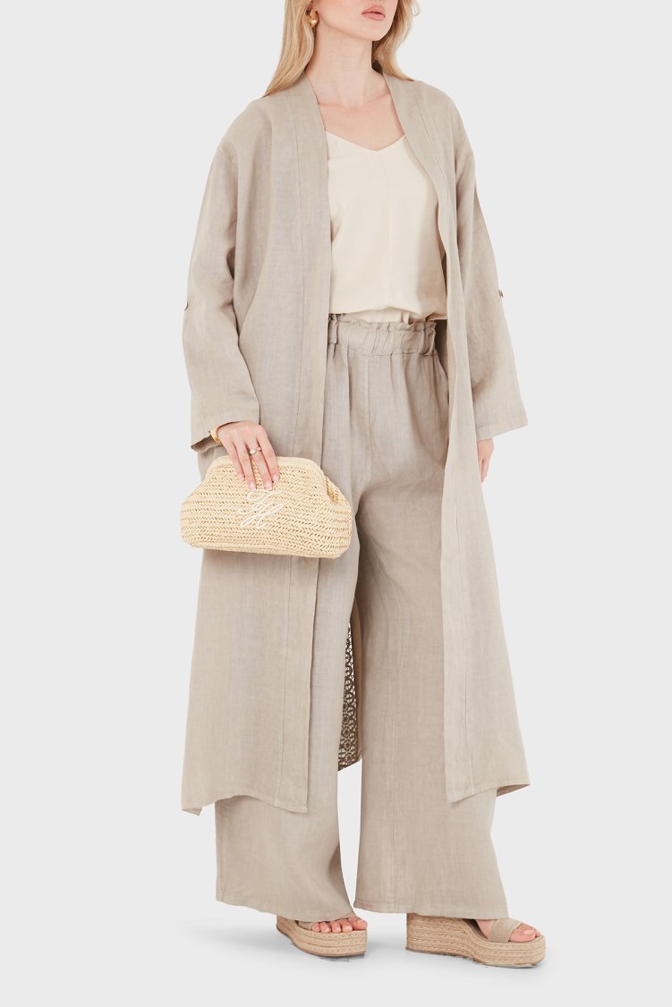 Via Dante Oversize Arkası Dantel Detaylı Uzun Keten Kadın Kimono 7183687 TAŞ - Via Dante