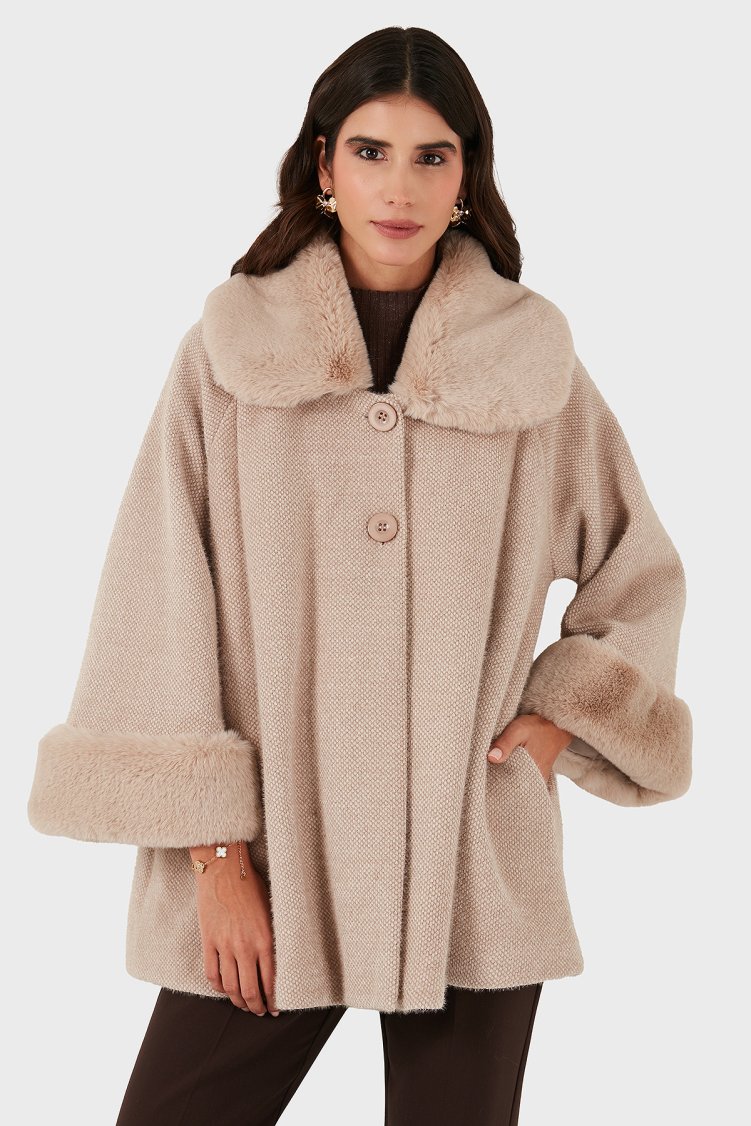 Via Dante Oversize Fit Ceket Yaka Düğmeli Kürk Kadın Mont 6858060 BEJ - Via Dante
