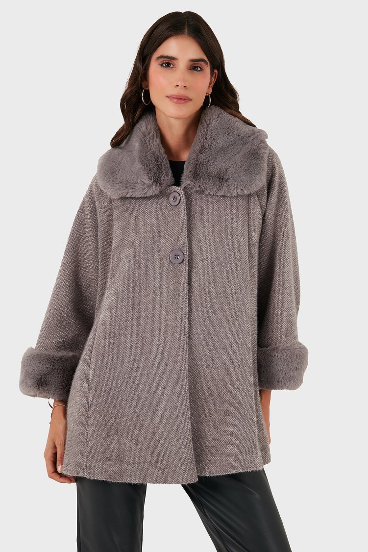 Via Dante Oversize Fit Ceket Yaka Düğmeli Kürk Kadın Mont 6858060 GRİ - Via Dante