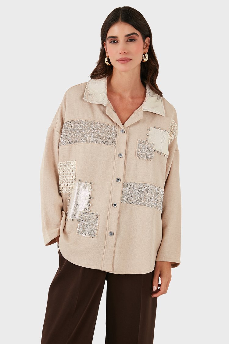 Via Dante Oversize Fit Pul Detaylı Uzun Kollu Kadın Gömlek 69143120 CAMEL - Via Dante