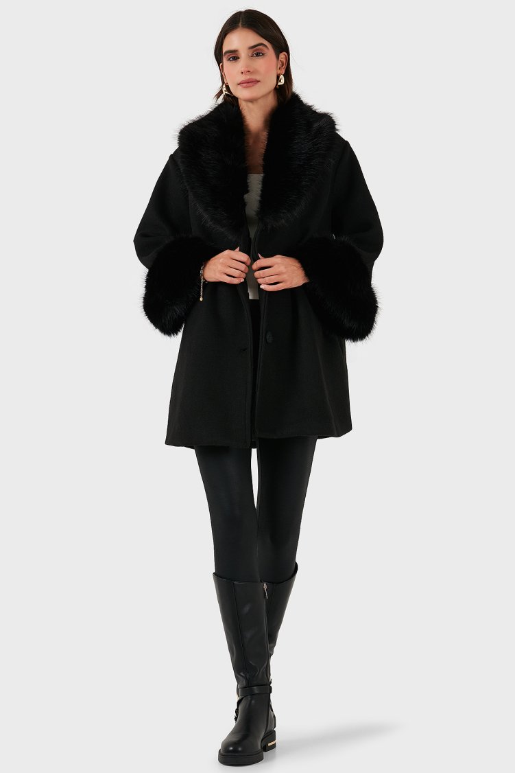 Via Dante Oversize Fit Şal Yaka Kürk Detaylı Astarlı Kadın Mont 690852 SİYAH - Via Dante