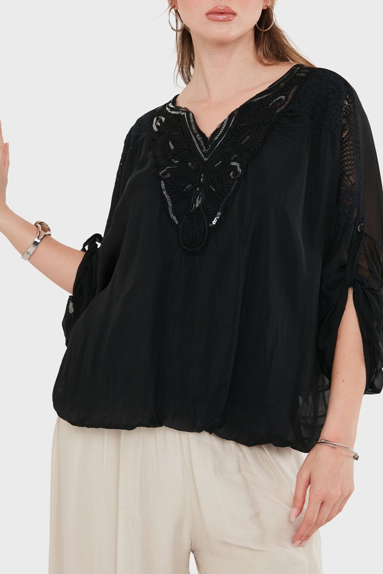 Via Dante Oversize Güpür Detaylı V Yaka Kadın Bluz 6909166 SİYAH - Via Dante