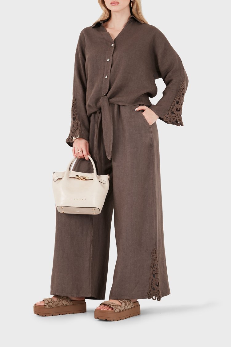 Via Dante Relaxed Fit Güpür Detaylı Bol Paça Keten Kadın Pantolon 699E10941 KAHVE - Via Dante