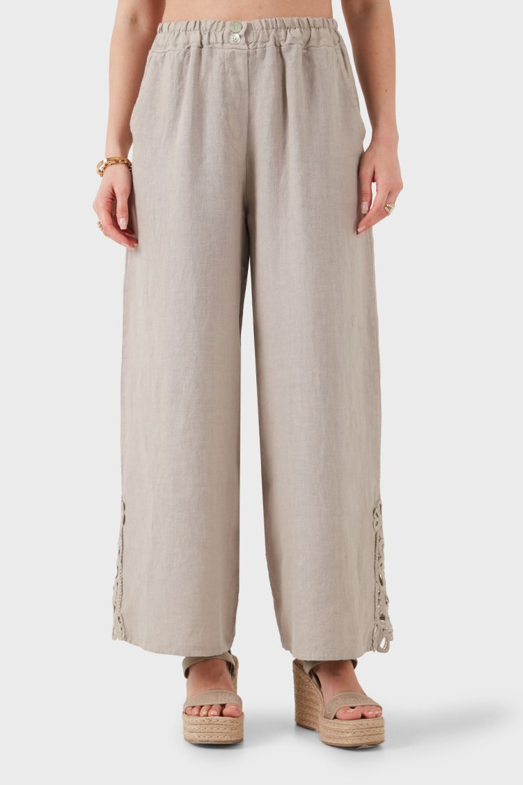 Via Dante Relaxed Fit Güpür Detaylı Bol Paça Keten Kadın Pantolon 699E10941 VİZON - Via Dante (1)