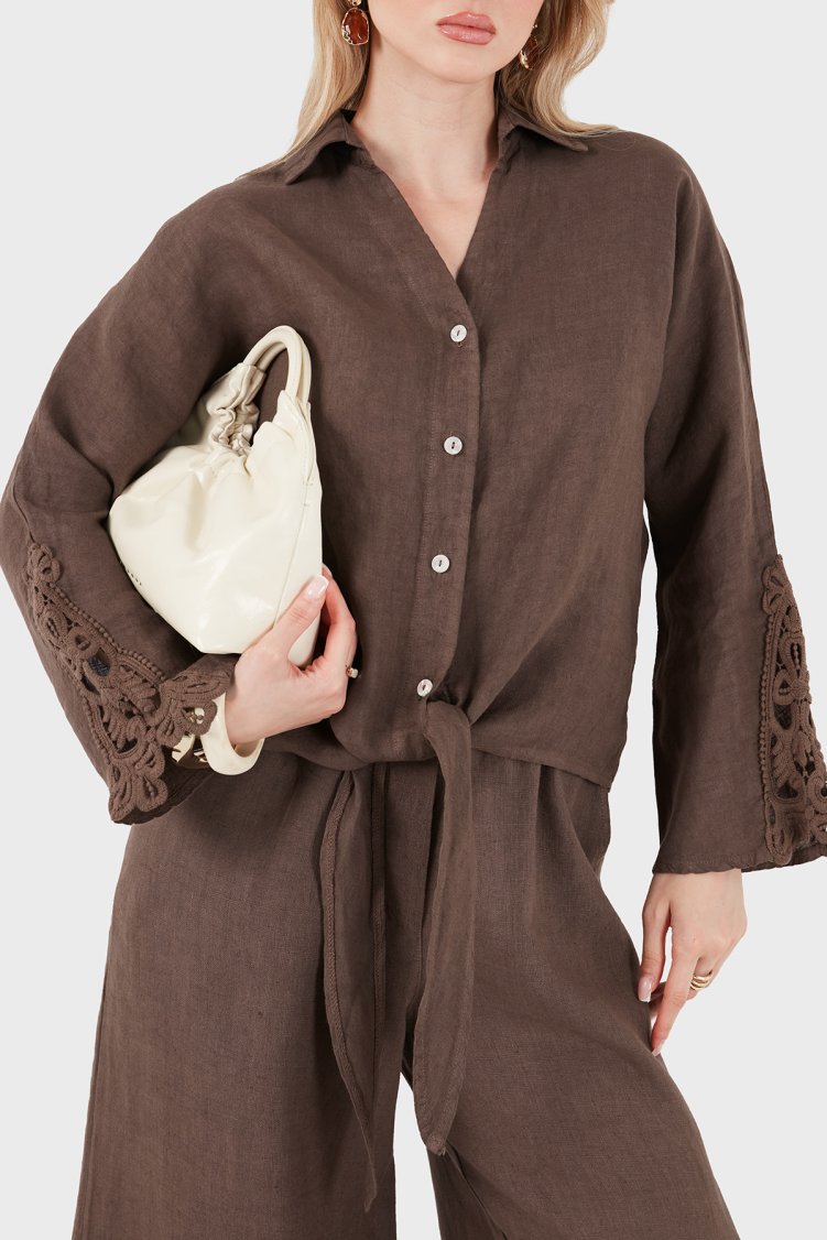 Via Dante Relaxed Fit Güpür Detaylı Uzun Kollu Keten Kadın Gömlek 699E31842 KAHVE - Via Dante
