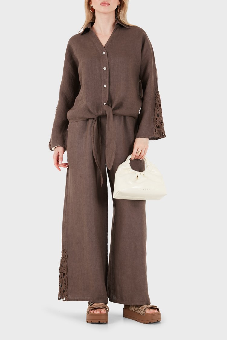 Via Dante Relaxed Fit Güpür Detaylı Uzun Kollu Keten Kadın Gömlek 699E31842 KAHVE - Via Dante (1)
