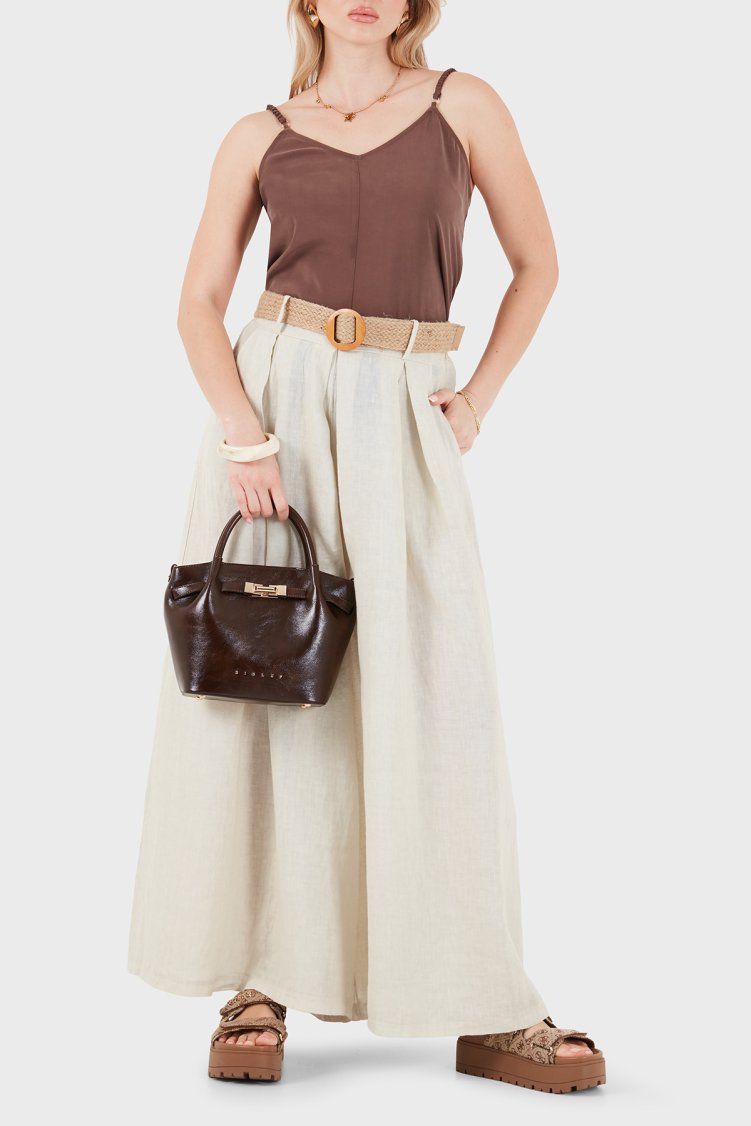 Via Dante Relaxed Fit Yüksek Bel Bol Paça Keten Kadın Pantolon 7544 BEJ - Via Dante