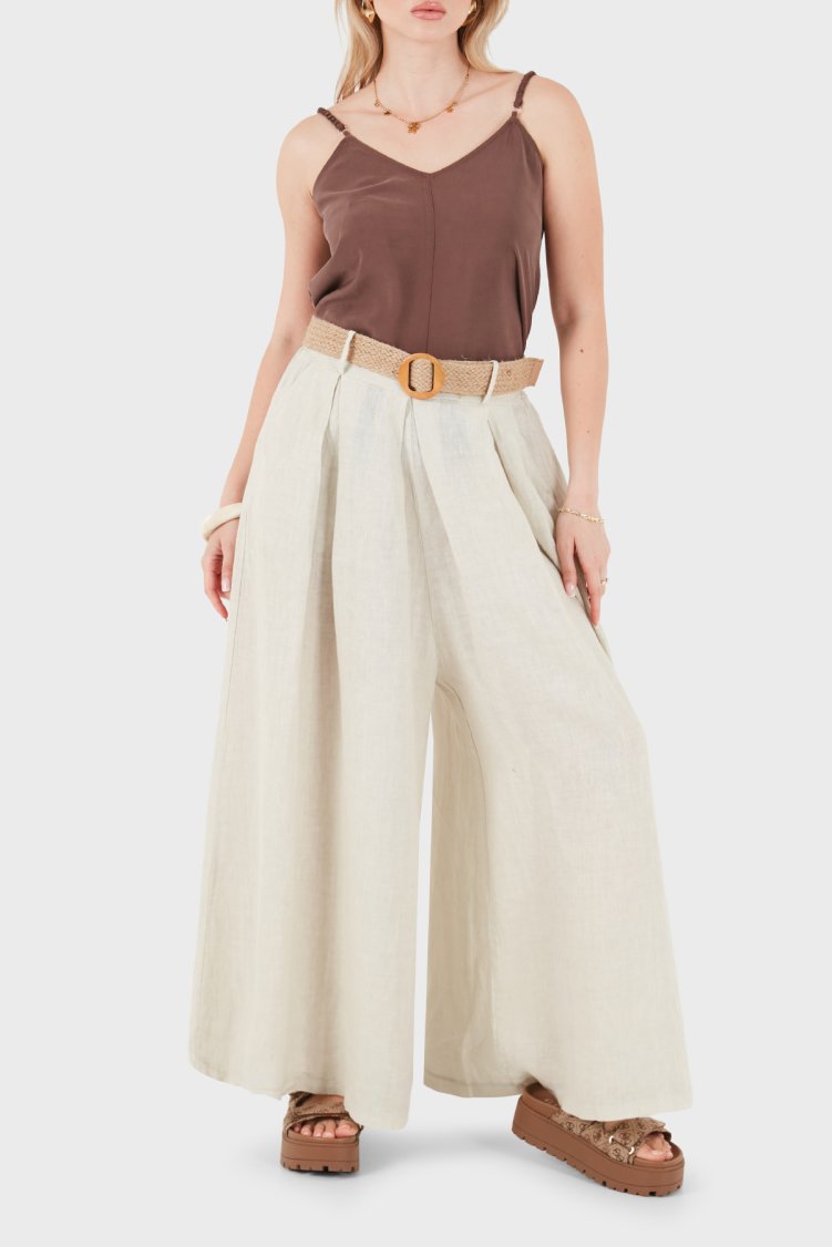 Via Dante Relaxed Fit Yüksek Bel Bol Paça Keten Kadın Pantolon 7544 BEJ - Via Dante (1)
