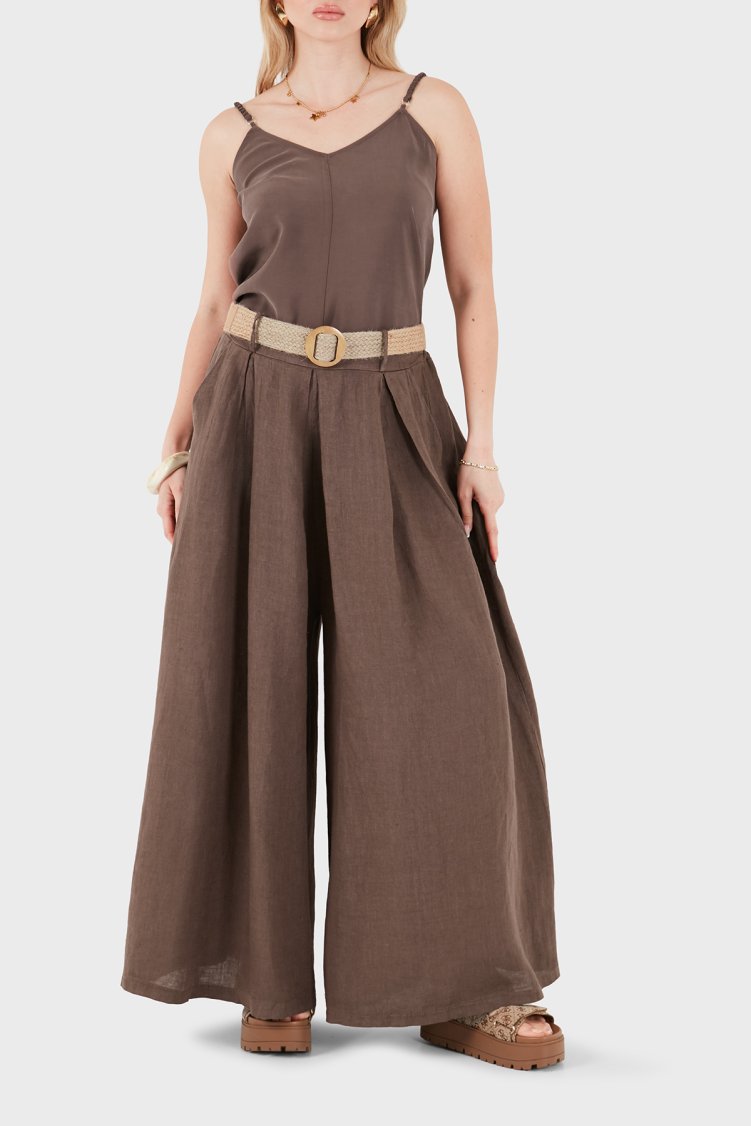 Via Dante Relaxed Fit Yüksek Bel Bol Paça Keten Kadın Pantolon 7544 KAHVE - Via Dante (1)