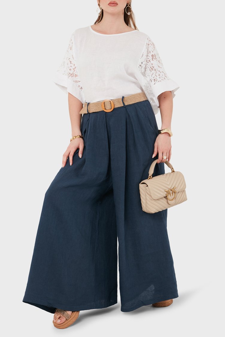 Via Dante Relaxed Fit Yüksek Bel Bol Paça Keten Kadın Pantolon 7544 LACİVERT - Via Dante