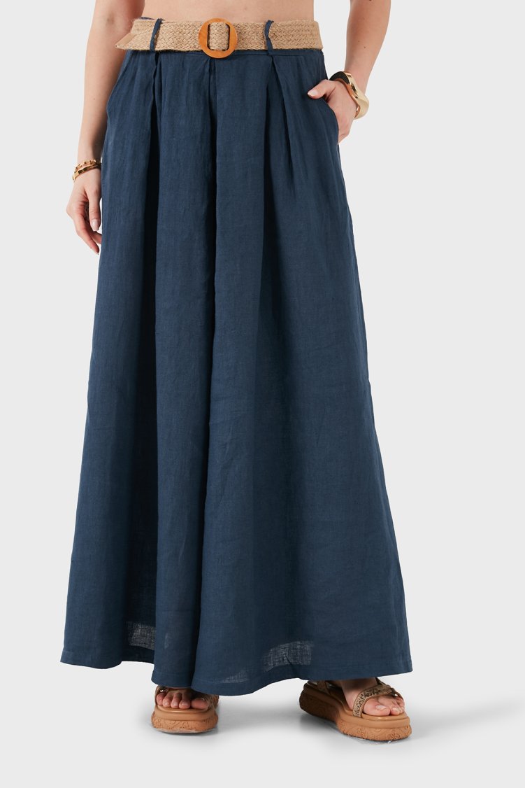 Via Dante Relaxed Fit Yüksek Bel Bol Paça Keten Kadın Pantolon 7544 LACİVERT - Via Dante (1)